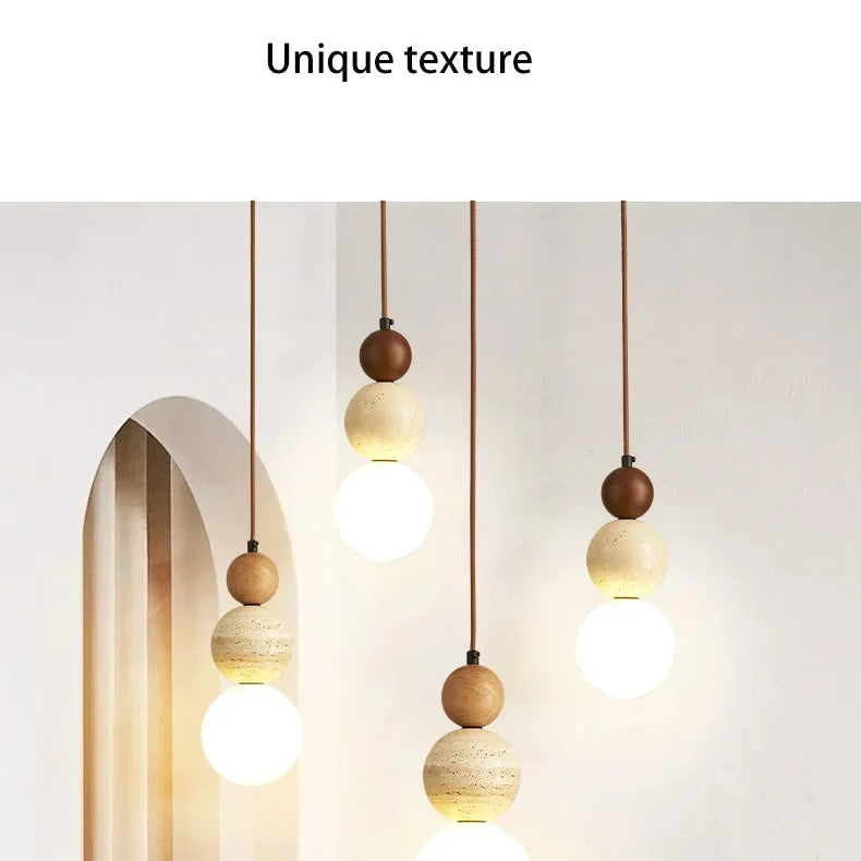 Dimmable LED Travertine & Wood Pendant Light