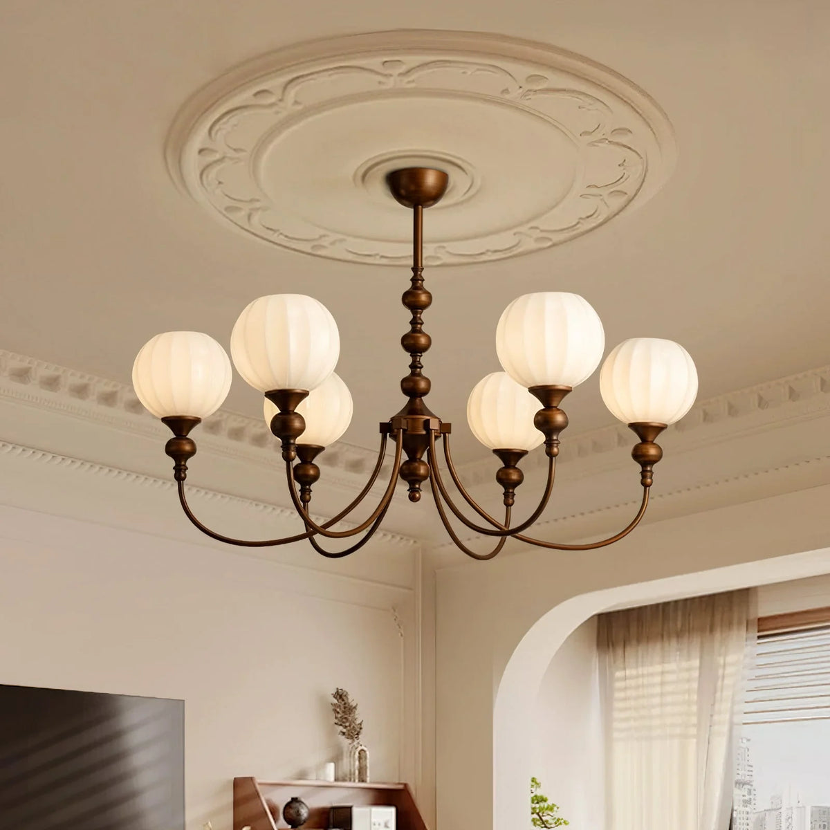 Dining Room Chandelier Antique Bronze Ribbed Glass 3-8-Light