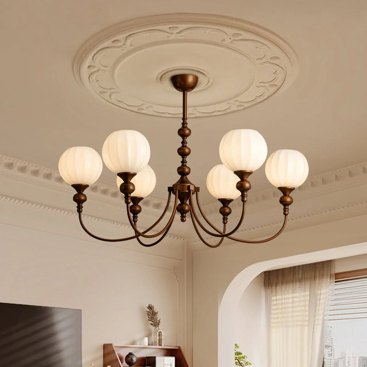 Dining Room Chandelier Antique Bronze Ribbed Glass 3-8-Light