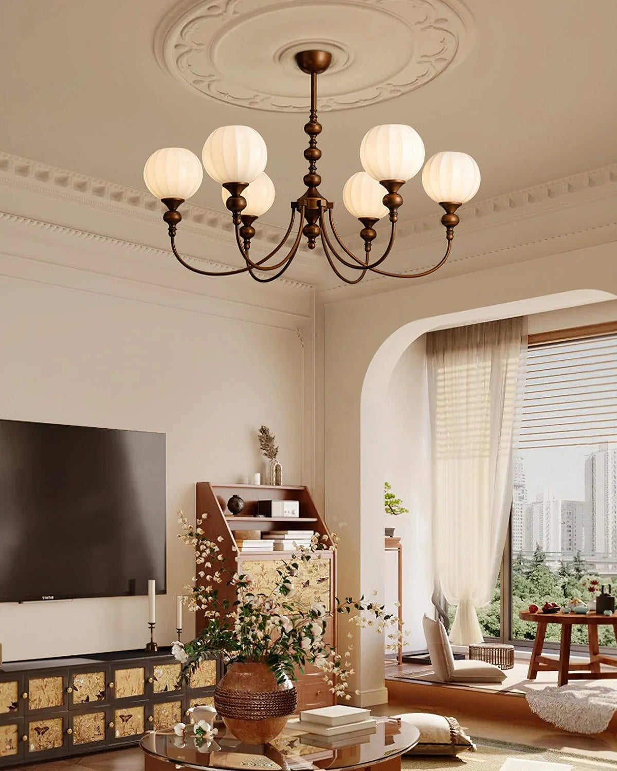 Dining Room Chandelier Antique Bronze Ribbed Glass 3-8-Light