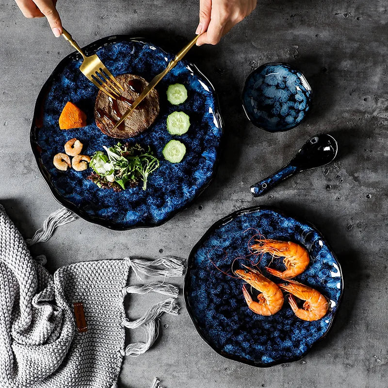 Dinnerware Set 10-Piece Ceramic Galaxy Blue Dishwasher Safe