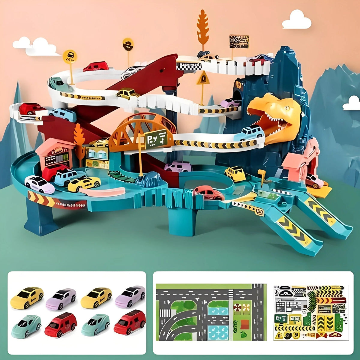 Dinosaur Race Track Playset Battery-Powered Multi-Level 8 Cars