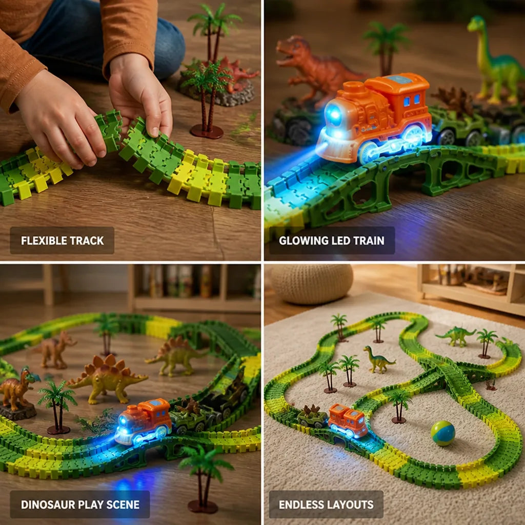 Dinosaur Race Track Set Flexible Track LED Train