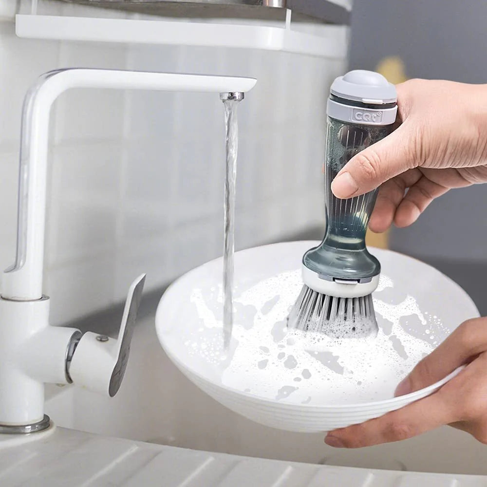 Dish Brush Refillable Soap Dispenser Ergonomic Non-Slip Handle