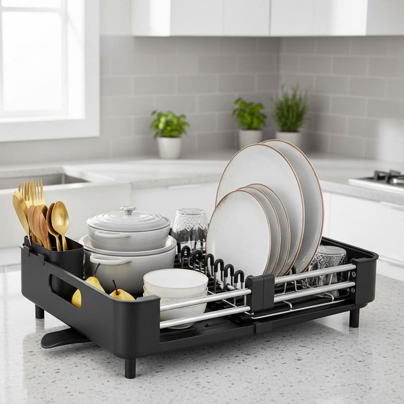 Dish Drying Rack Expandable Drainage Channel & Cutlery Holder