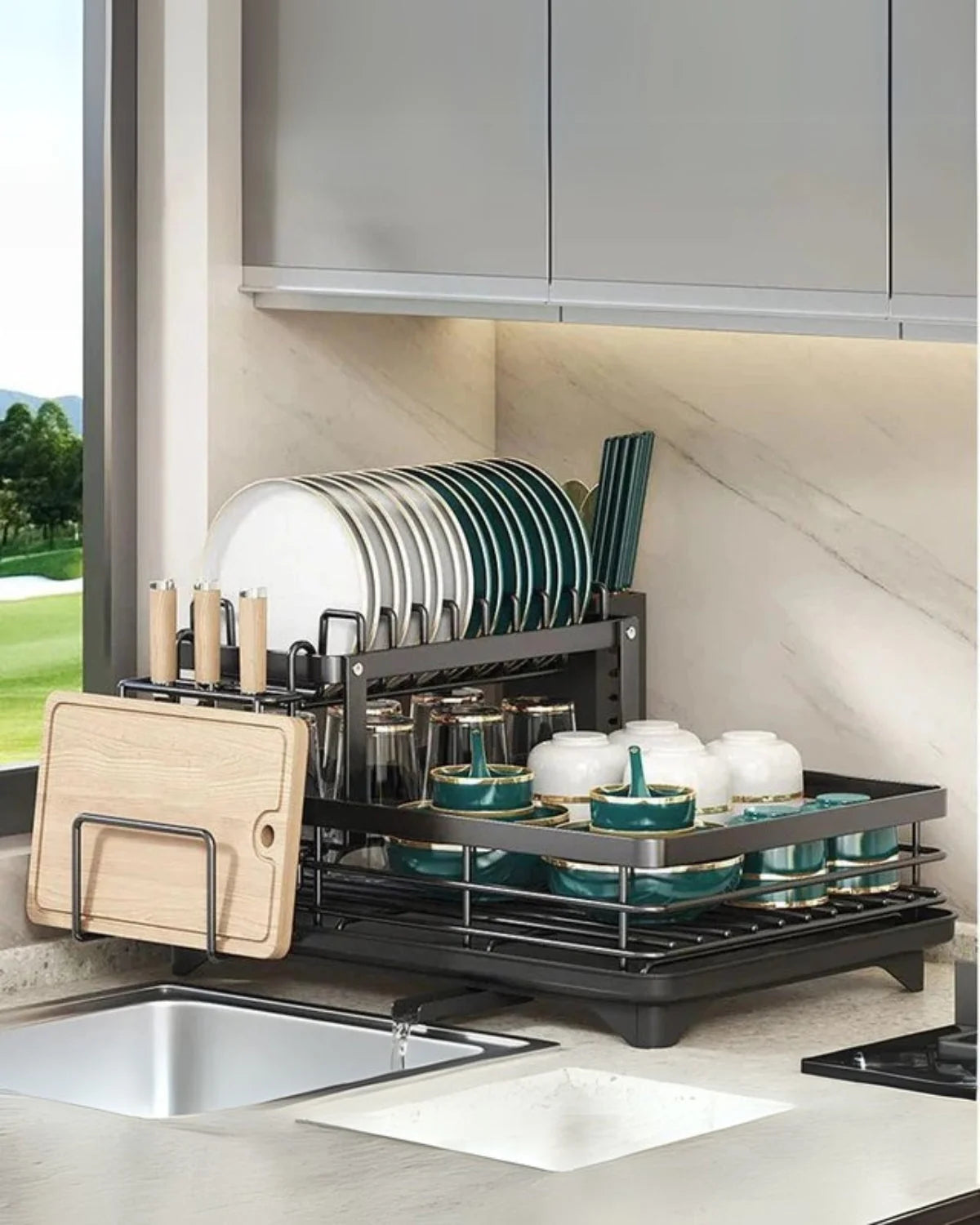 Dish Drying Rack Multi-Level Carbon Steel 360° Rotatable Drain