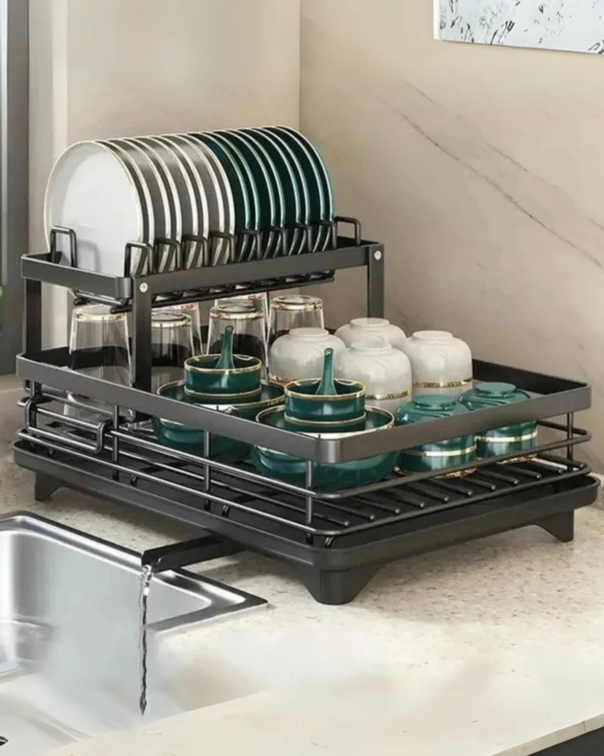 Dish Drying Rack Multi-Level Carbon Steel 360° Rotatable Drain