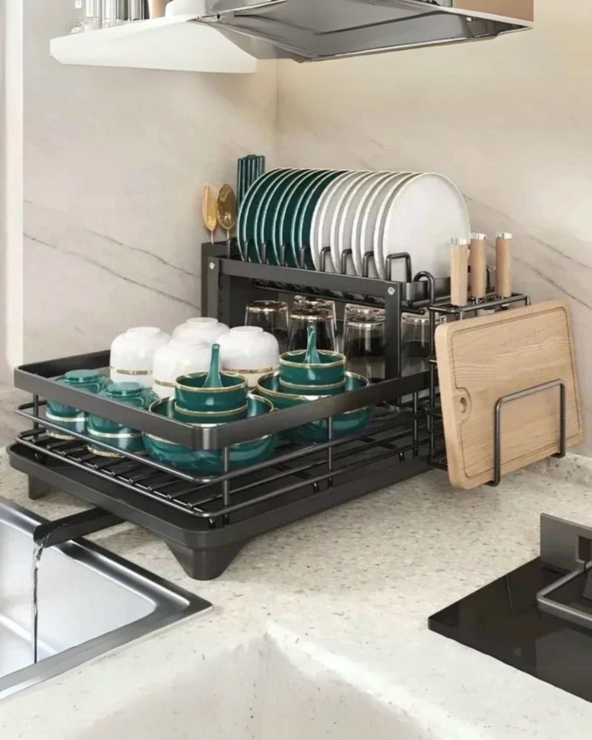 Dish Drying Rack Multi-Level Carbon Steel 360° Rotatable Drain