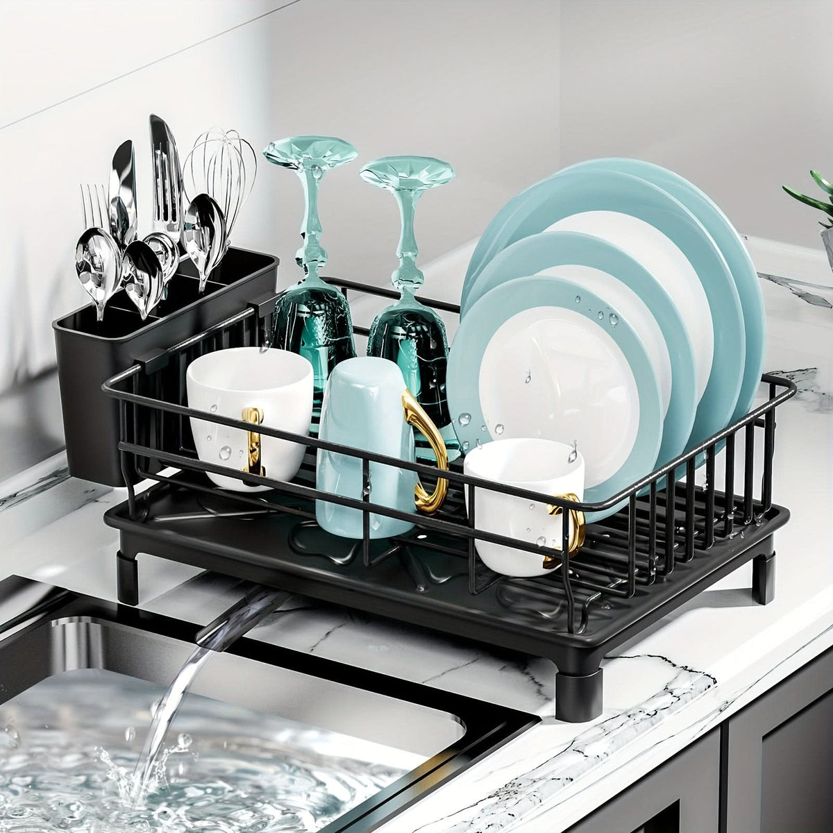 Dish Drying Rack Rust-Resistant Drip Tray & Cutlery Holder