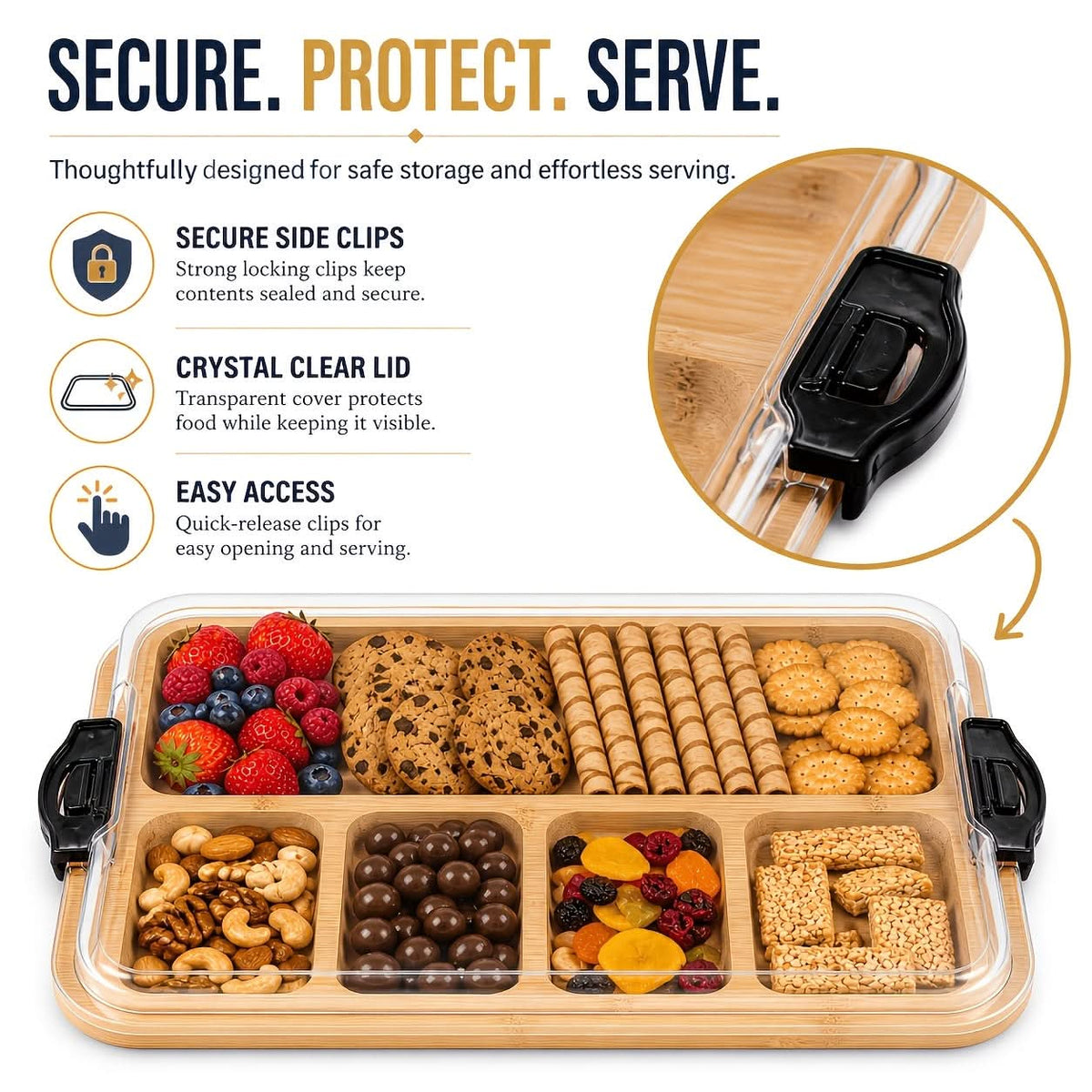 Divided Snack Tray Bamboo Clear Lid & Detachable Handle