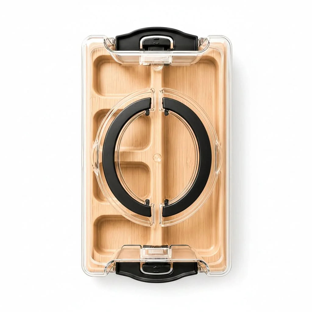Divided Snack Tray Bamboo Clear Lid & Detachable Handle