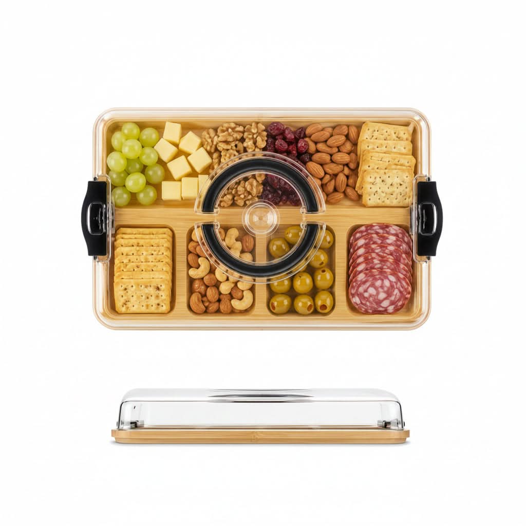 Divided Snack Tray Bamboo Clear Lid & Detachable Handle