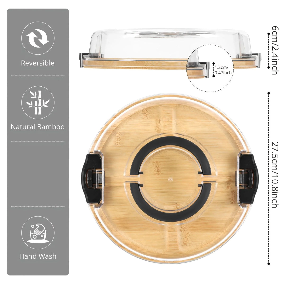 Divided Snack Tray Bamboo Clear Lid & Detachable Handle