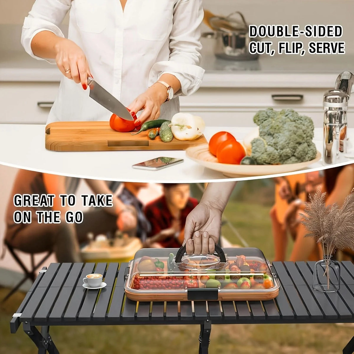 Divided Snack Tray Bamboo Clear Lid & Detachable Handle