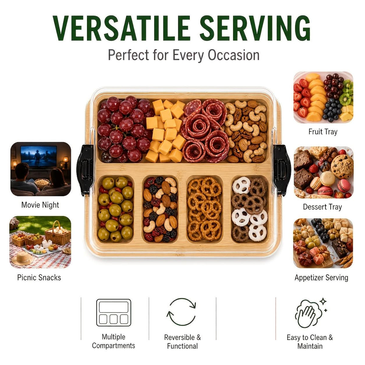 Divided Snack Tray Bamboo Clear Lid & Detachable Handle