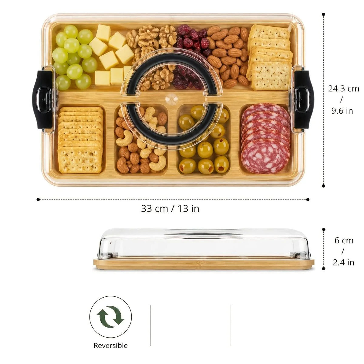 Divided Snack Tray Bamboo Clear Lid & Detachable Handle