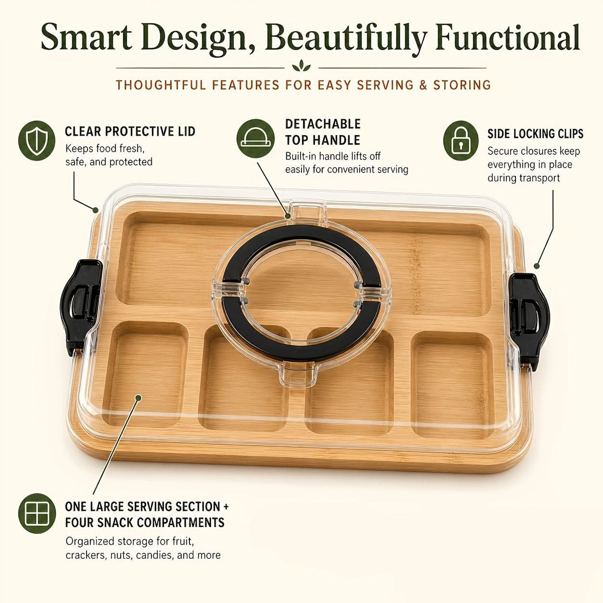 Divided Snack Tray Bamboo Clear Lid & Detachable Handle