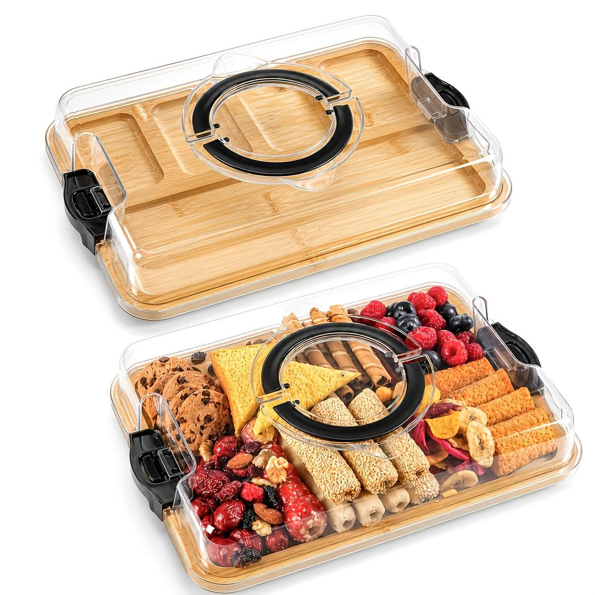 Divided Snack Tray Bamboo Clear Lid & Detachable Handle
