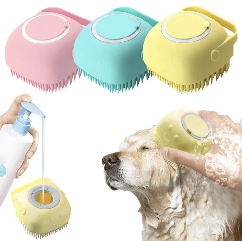 Dog Bath Brush Silicone Bristles & Shampoo Dispenser