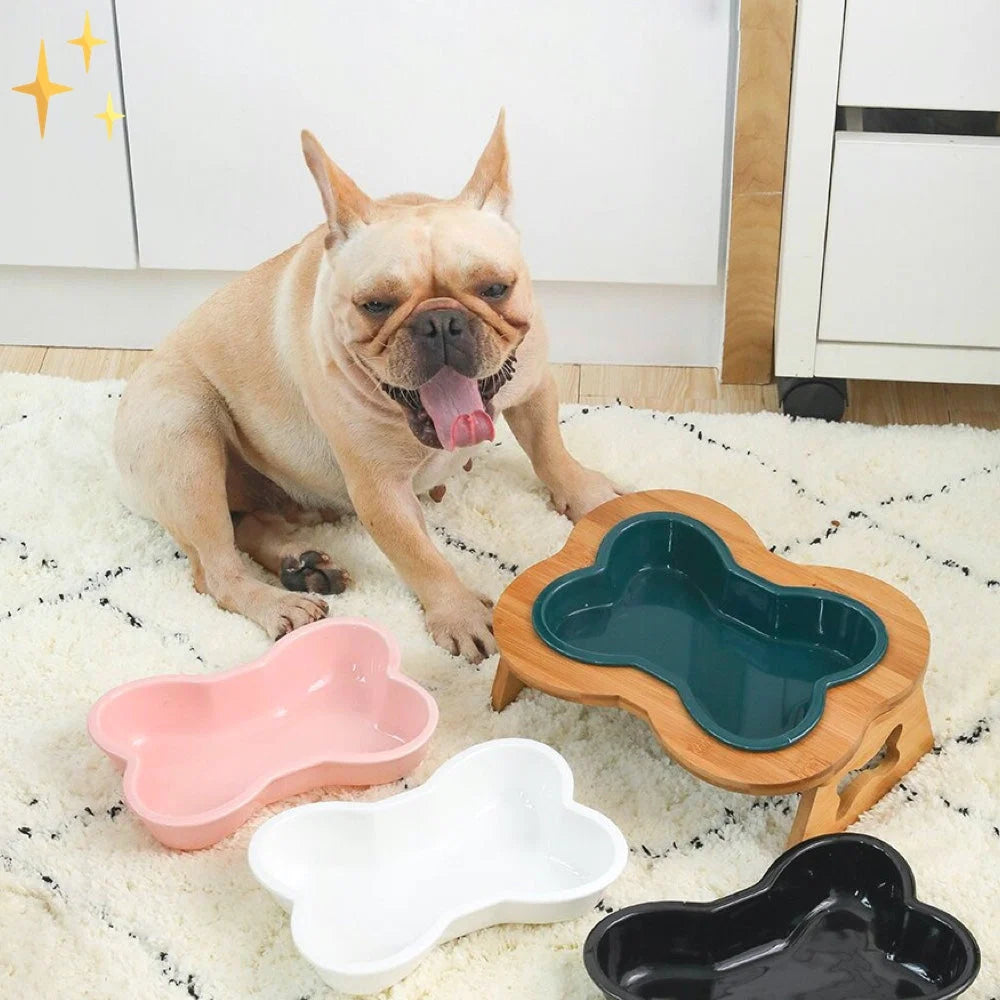 Dog Bowl Bone-Shaped Ceramic Elevated Wooden Stand