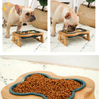 Dog Bowl Bone-Shaped Ceramic Elevated Wooden Stand