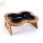 Dog Bowl Bone-Shaped Ceramic Elevated Wooden Stand