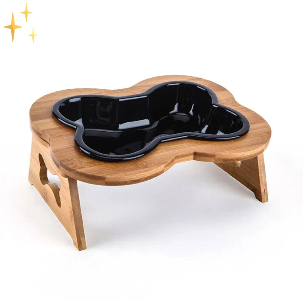 Dog Bowl Bone-Shaped Ceramic Elevated Wooden Stand