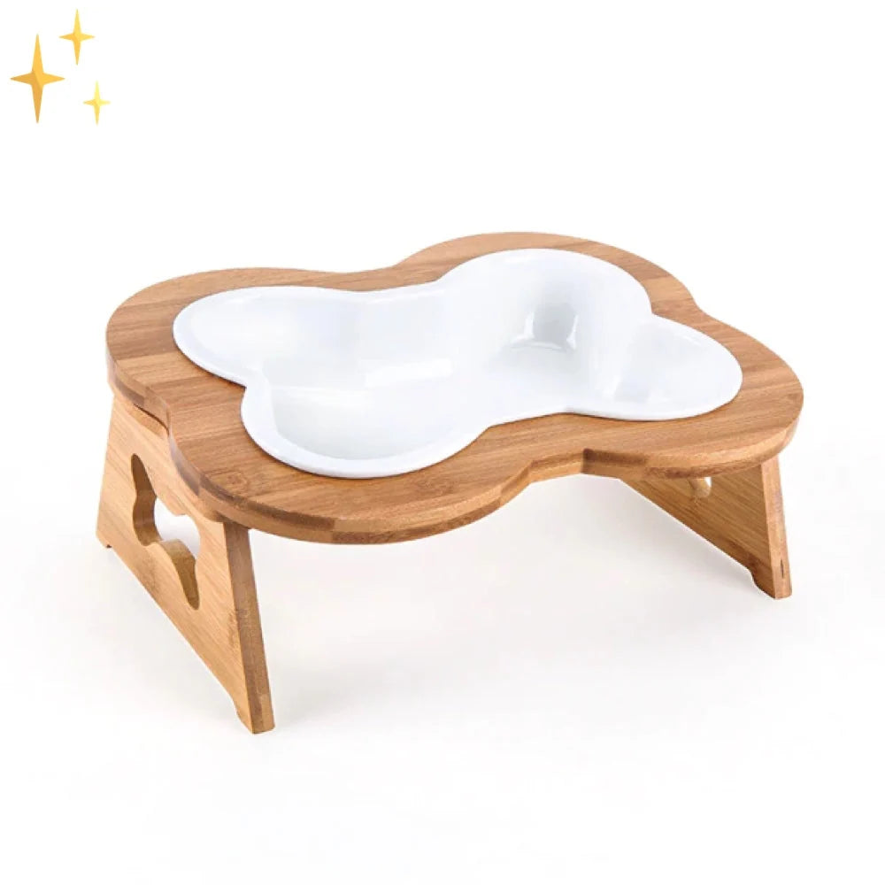 Dog Bowl Bone-Shaped Ceramic Elevated Wooden Stand