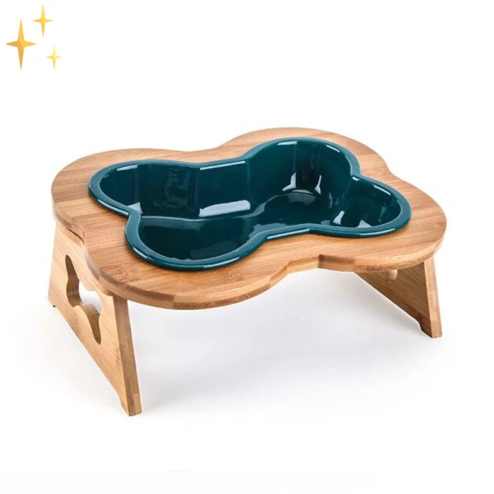 Dog Bowl Bone-Shaped Ceramic Elevated Wooden Stand