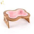 Dog Bowl Bone-Shaped Ceramic Elevated Wooden Stand