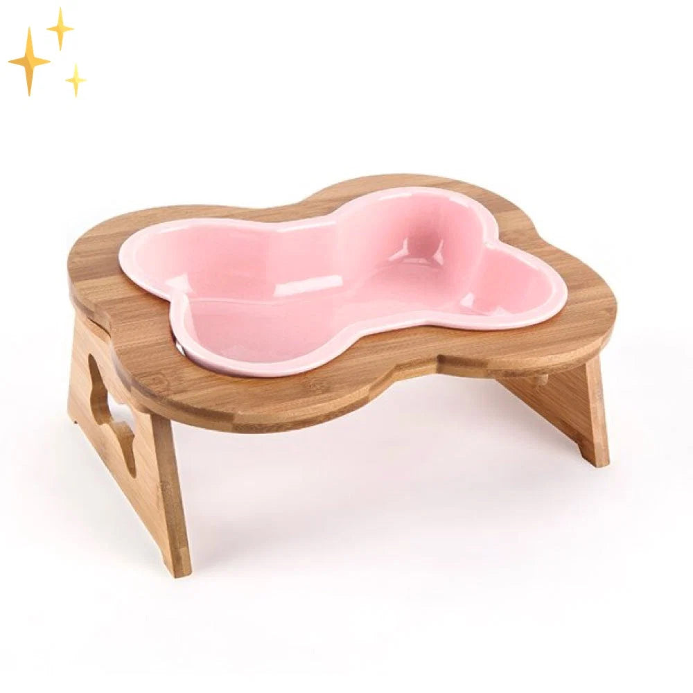 Dog Bowl Bone-Shaped Ceramic Elevated Wooden Stand