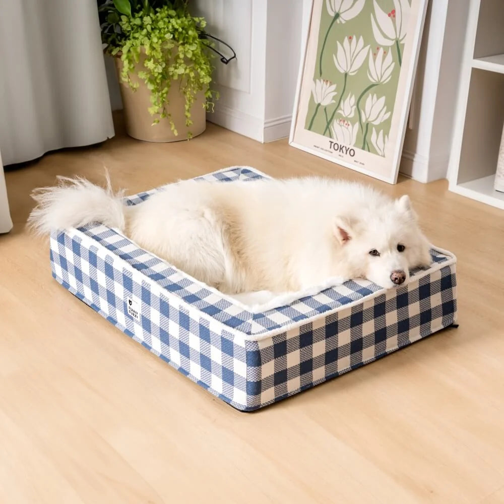 Dog & Cat Bed Tartan Bolster Ergonomic Neck Support