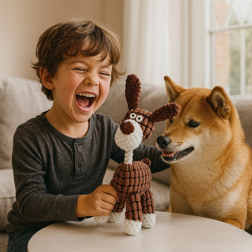Dog Chew Toy Rope-Textured Velvet Plush Built-In Squeaker