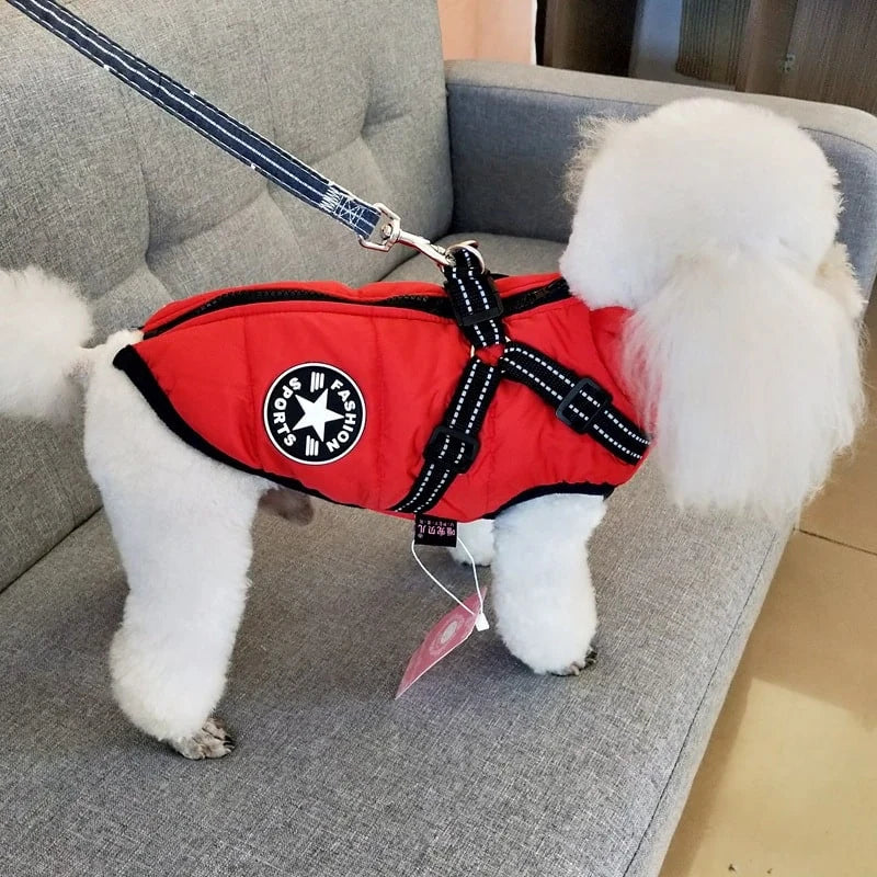 Dog Coat Integrated Harness Waterproof & Fleece-Lined Reflective Straps