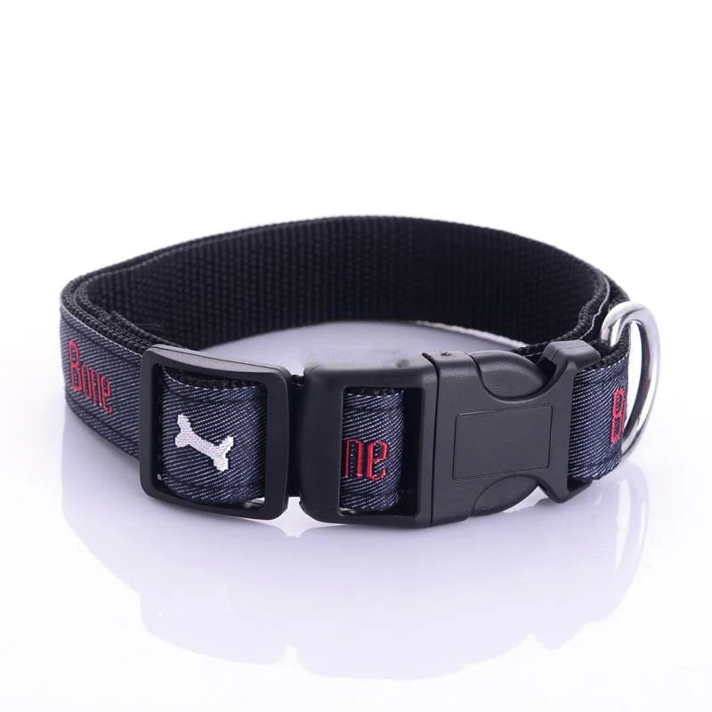 Dog Collar Denim & Leather Metal Buckle Bone Charm