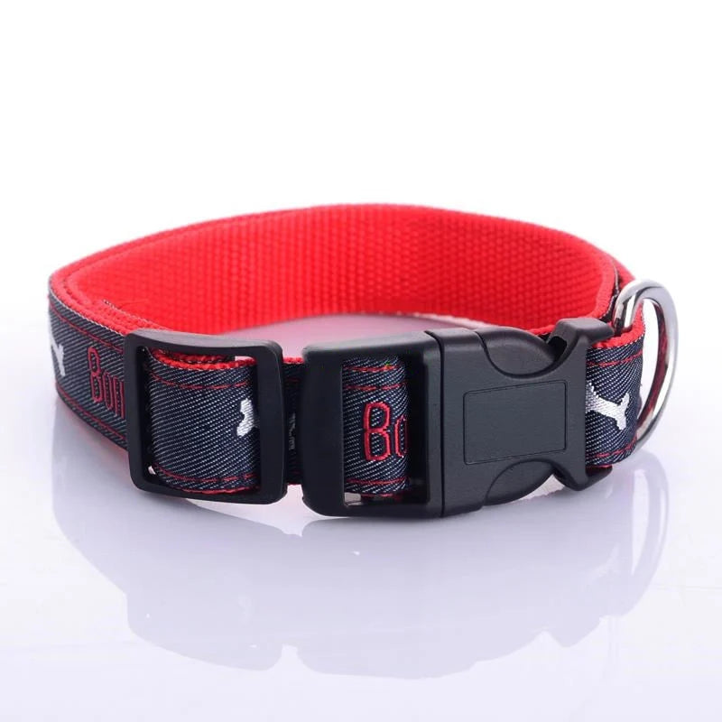 Dog Collar Denim & Leather Metal Buckle Bone Charm