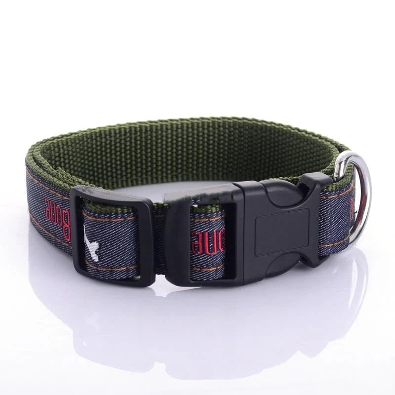 Dog Collar Denim & Leather Metal Buckle Bone Charm