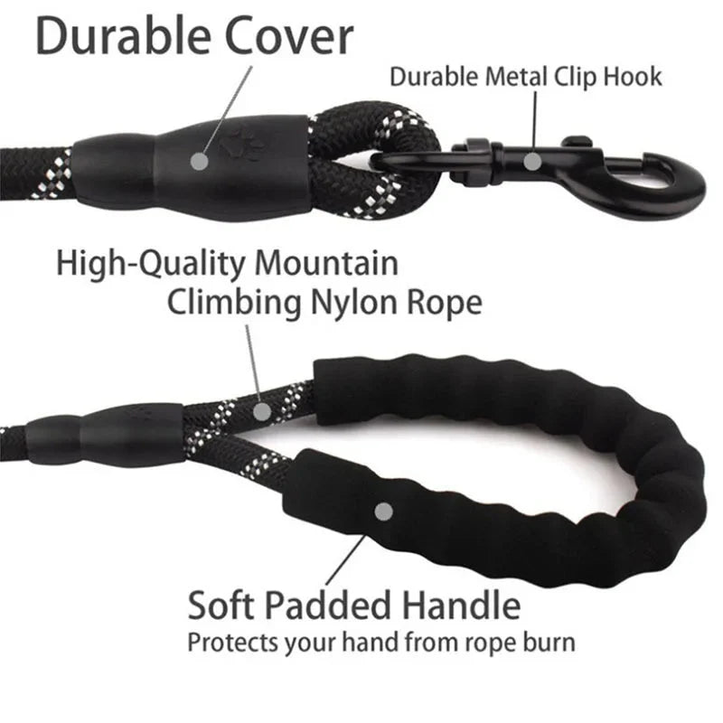 Dog Leash Reflective Stitching Padded Handle & Double-Rope Nylon