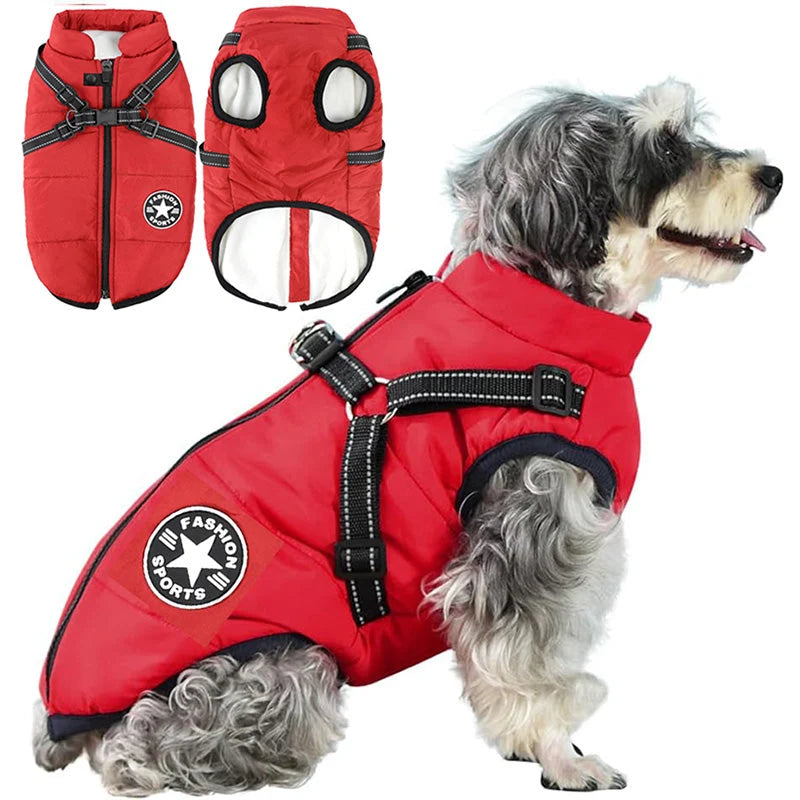 Dog Winter Coat Waterproof Fleece-Lined Built-In Harness