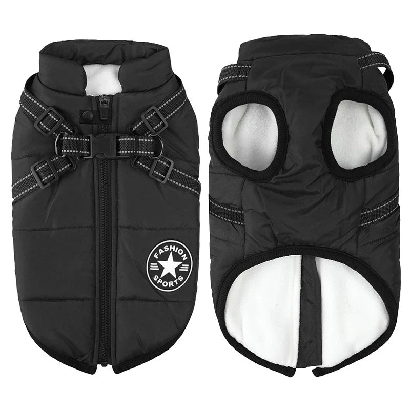 Dog Winter Coat Waterproof Fleece-Lined Built-In Harness