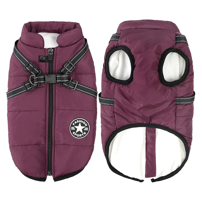 Dog Winter Coat Waterproof Fleece-Lined Built-In Harness