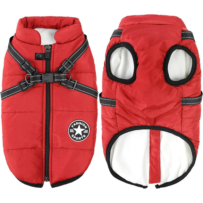 Dog Winter Coat Waterproof Fleece-Lined Built-In Harness