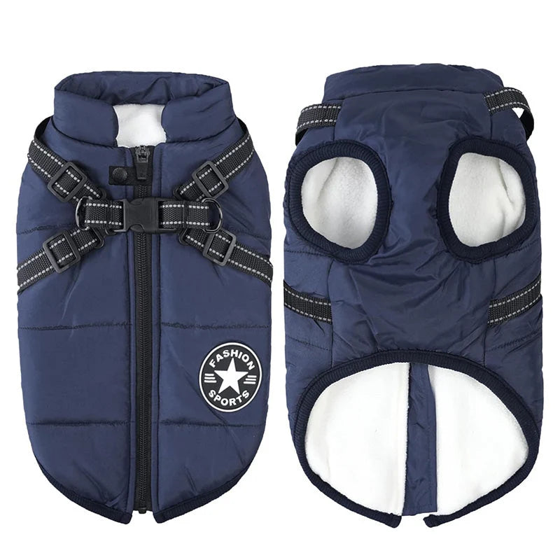 Dog Winter Coat Waterproof Fleece-Lined Built-In Harness