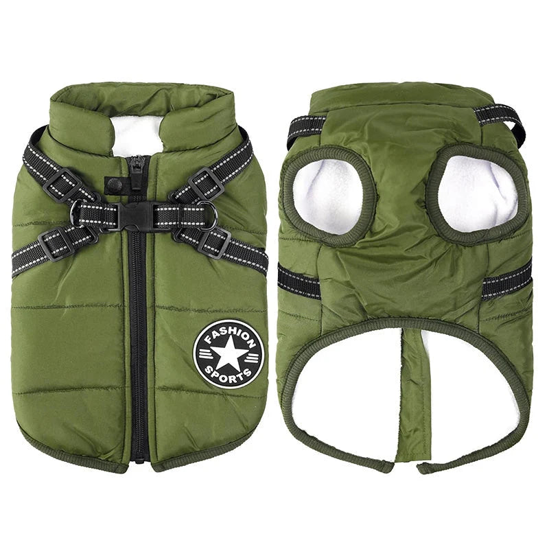 Dog Winter Coat Waterproof Fleece-Lined Built-In Harness