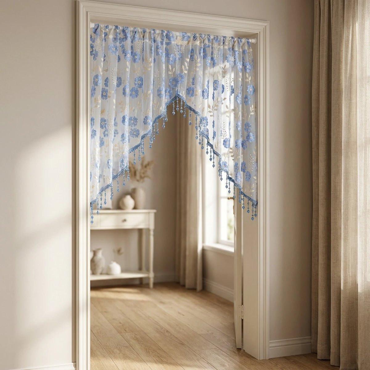 Door Curtain Sheer Embroidered Adjustable Telescopic Rod