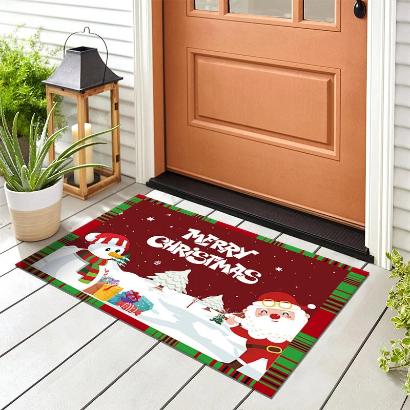 Door Mat Christmas Snowman Checkered Weatherproof Non-Slip Backing