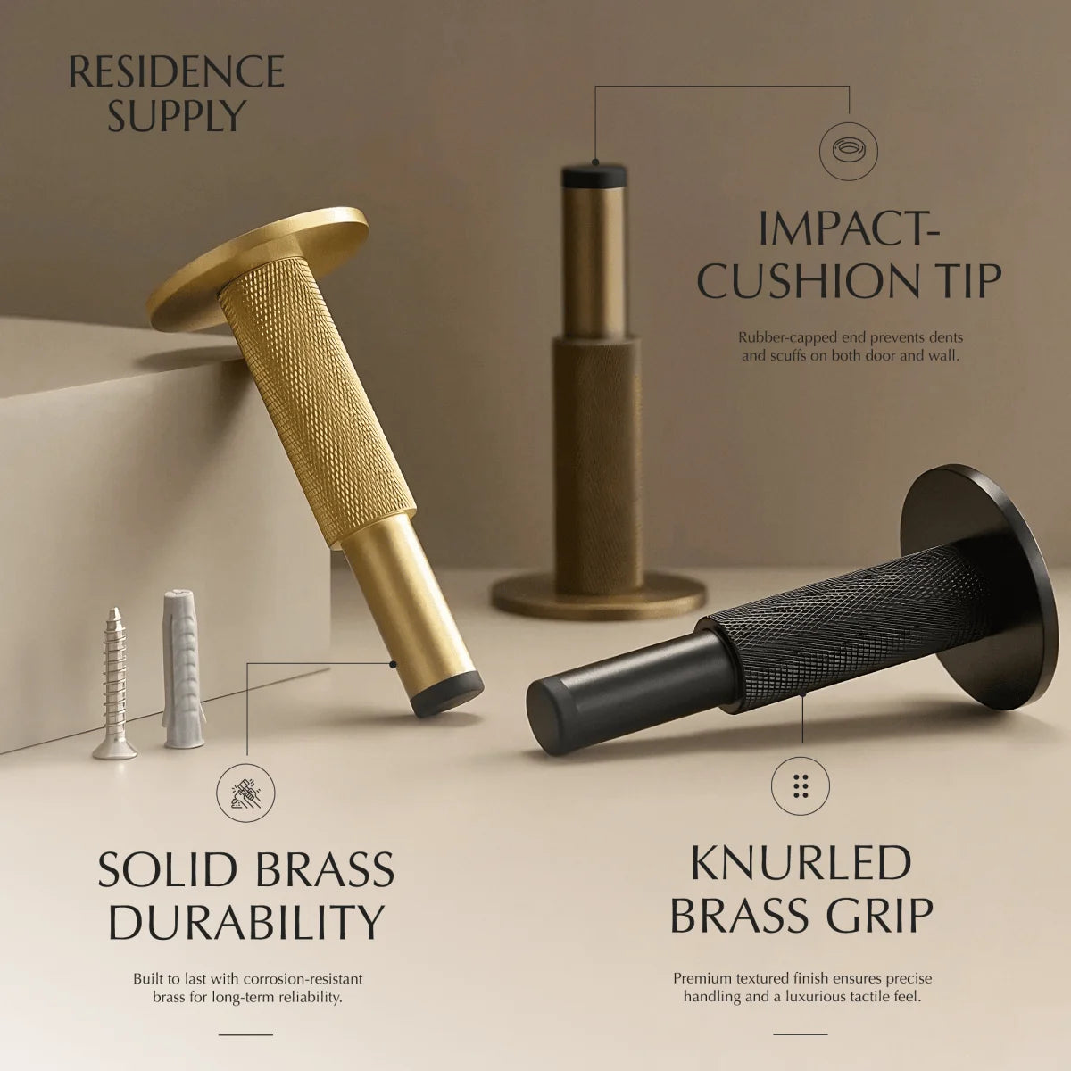 Door Stop Solid Brass Knurled Finish Rubber Bumper
