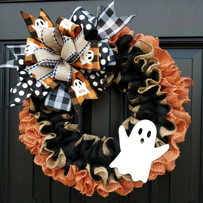 Door Wreath Burlap Ghost Ribbon Accents