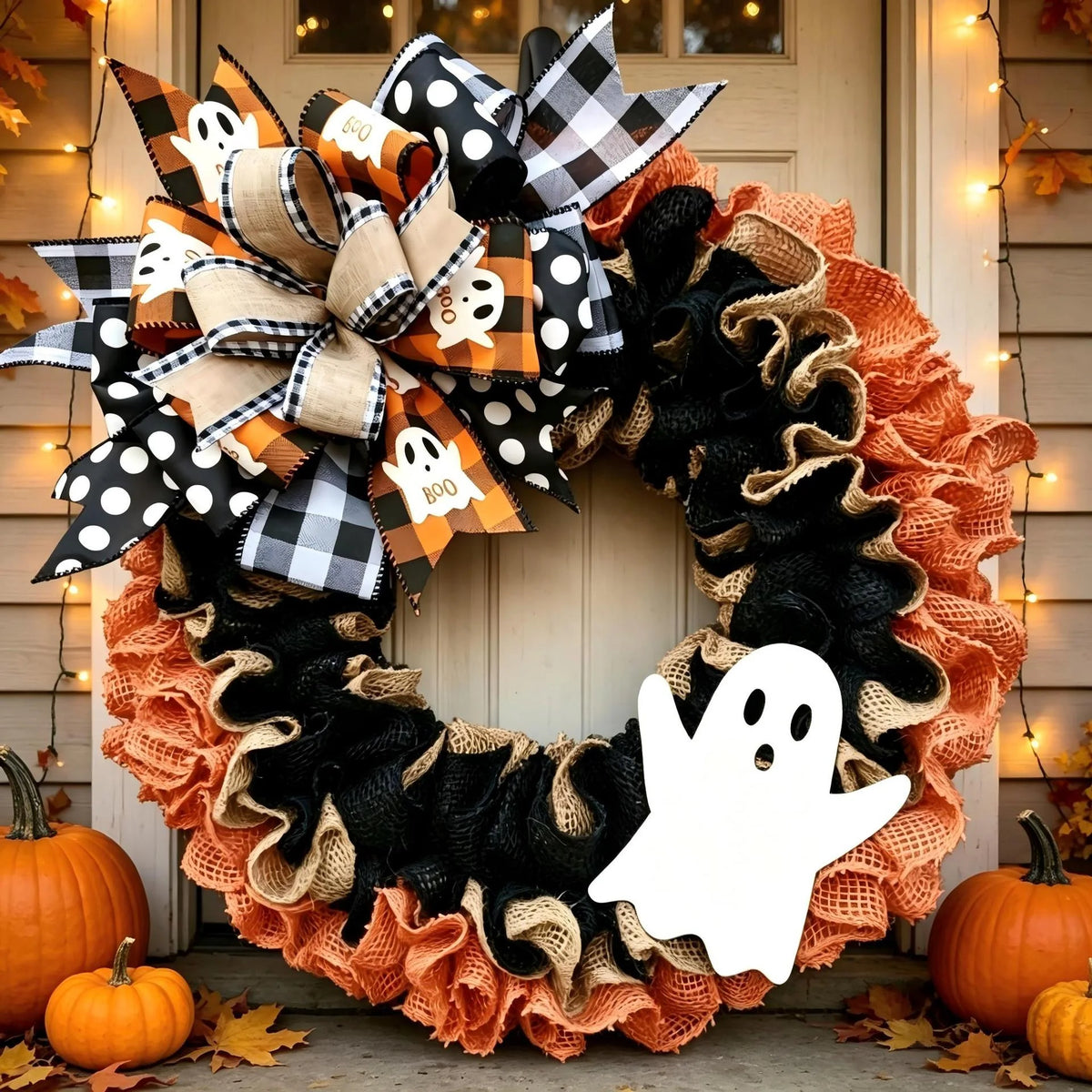 Door Wreath Burlap Ghost Ribbon Accents