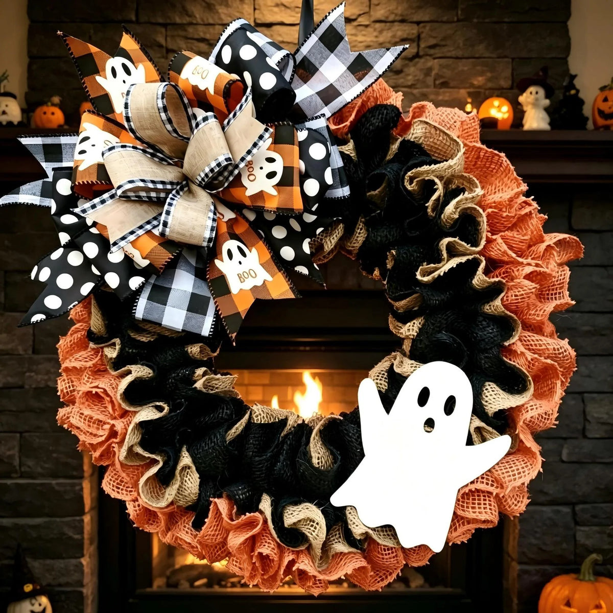 Door Wreath Burlap Ghost Ribbon Accents
